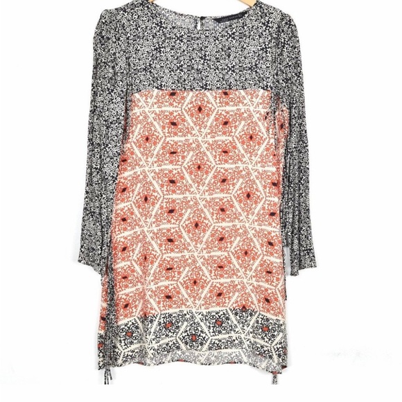 Zara | Black & Orange Shirt Fringe Print Color Block Mini Dress Medium - Picture 3 of 9